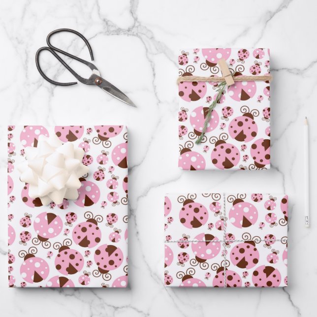 Pattern Of Ladybugs, Cute Ladybugs, Pink Ladybugs Wrapping Paper Sheet (Front)