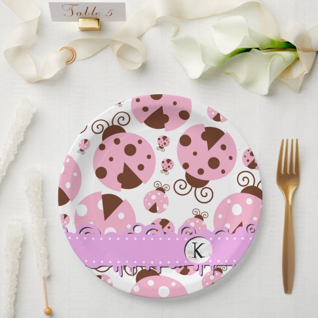 Pattern Of Ladybugs, Pink Ladybugs, Monogram Paper Plate (Wedding)