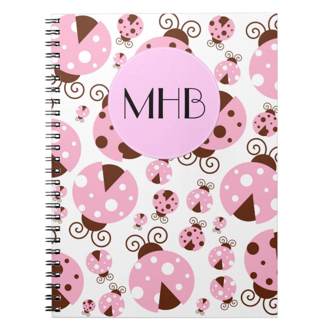 Pattern Of Ladybugs, Pink Ladybugs, Monogram Spiral Notebook (Front)