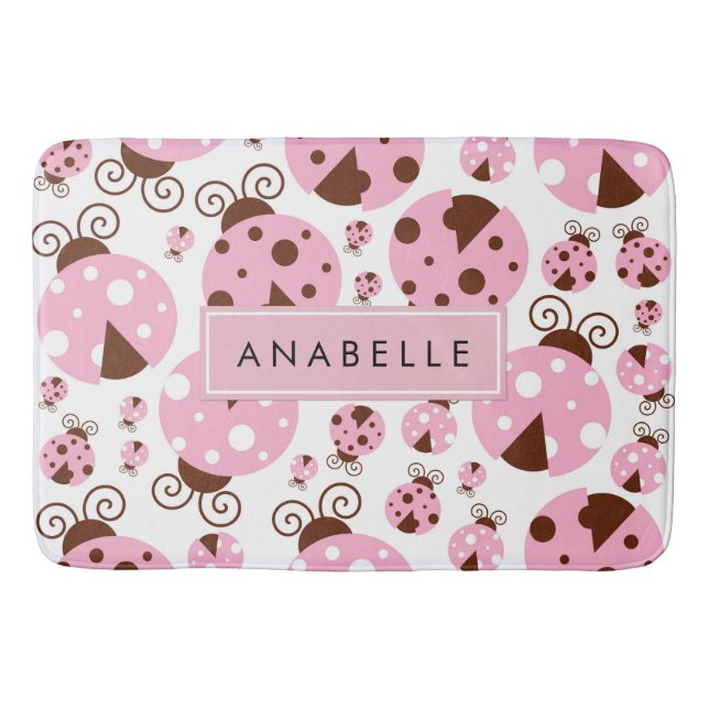 Pattern Of Ladybugs, Pink Ladybugs, Your Name Bath Mat (Front)