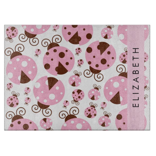Pattern Of Ladybugs, Pink Ladybugs, Your Name Cutting Board (Front)