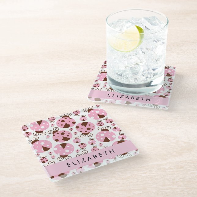Pattern Of Ladybugs, Pink Ladybugs, Your Name Glass Coaster (Angled)