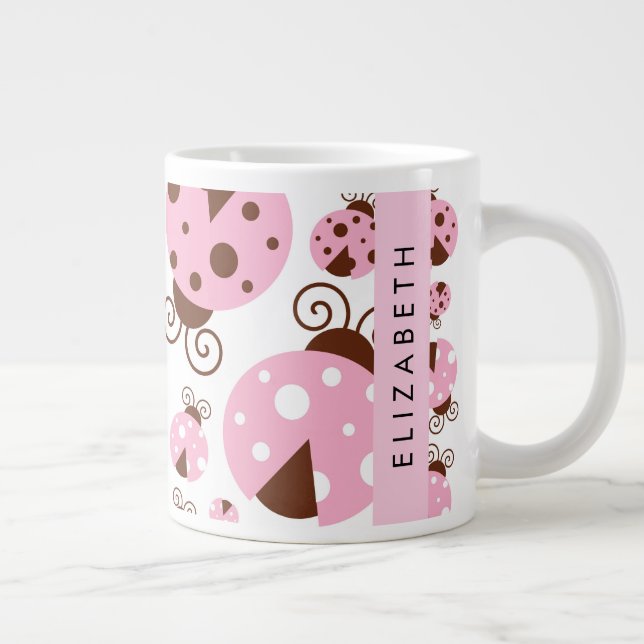 Pattern Of Ladybugs, Pink Ladybugs, Your Name Large Coffee Mug (Right)