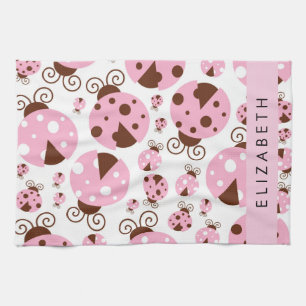 Pattern Of Ladybugs, Pink Ladybugs, Your Name Tea Towel
