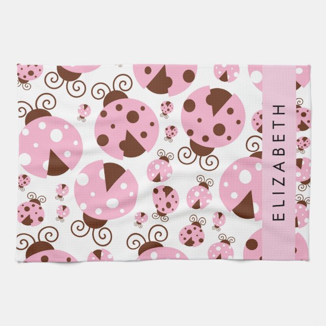 Pattern Of Ladybugs, Pink Ladybugs, Your Name Tea Towel (Horizontal)
