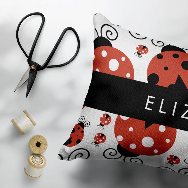Pattern Of Ladybugs, Red Ladybugs, Your Name Decorative Cushion (Creator Uploaded)