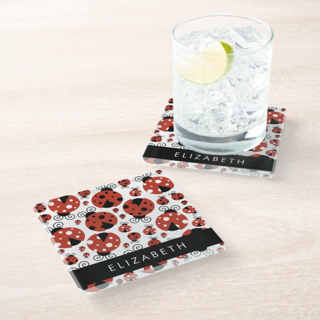 Pattern Of Ladybugs, Red Ladybugs, Your Name Glass Coaster (Angled)