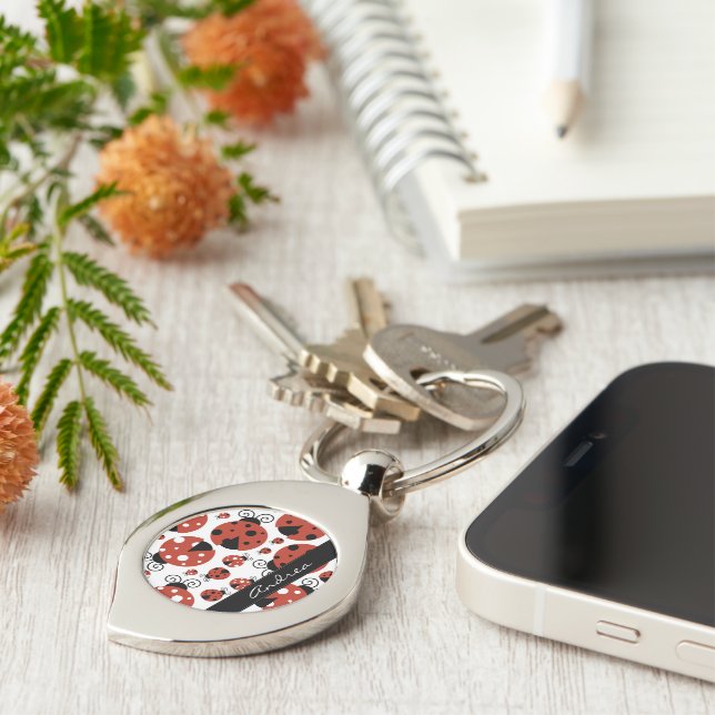 Pattern Of Ladybugs, Red Ladybugs, Your Name Key Ring (Side)