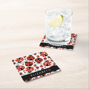 Pattern Of Ladybugs, Red Ladybugs, Your Name Square Paper Coaster