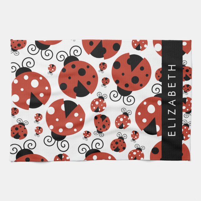 Pattern Of Ladybugs, Red Ladybugs, Your Name Tea Towel (Horizontal)