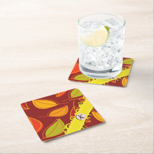 Pattern Of Leaves, Colourful Leaves, Monogram Square Paper Coaster