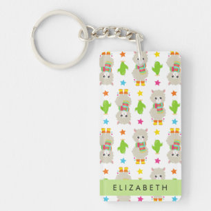 Pattern Of Llamas, Alpacas, Cactus, Your Name Key Ring