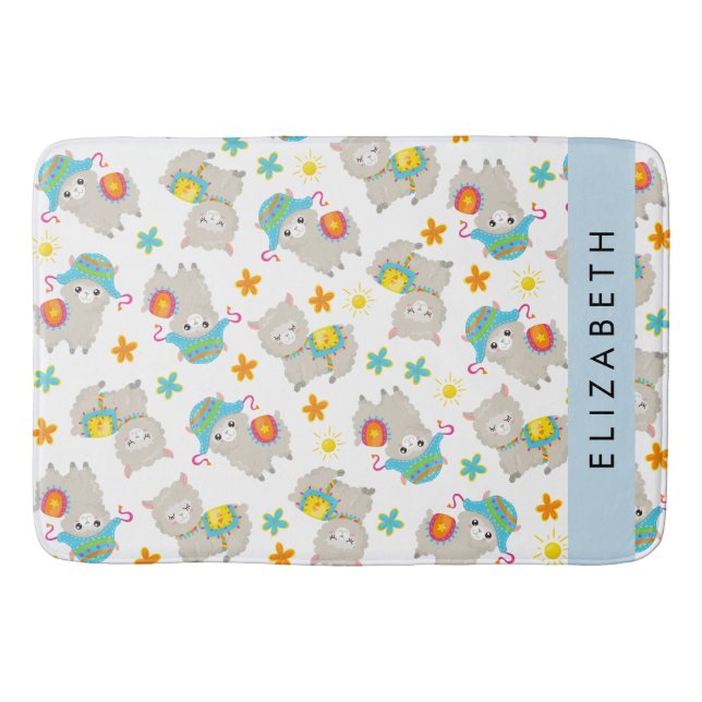 Pattern Of Llamas, Alpacas, Flowers, Your Name Bath Mat (Front)