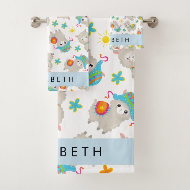 Pattern Of Llamas, Alpacas, Flowers, Your Name Bath Towel Set (Insitu)