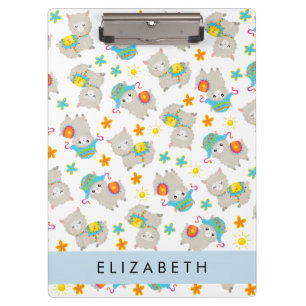 Pattern Of Llamas, Alpacas, Flowers, Your Name Clipboard