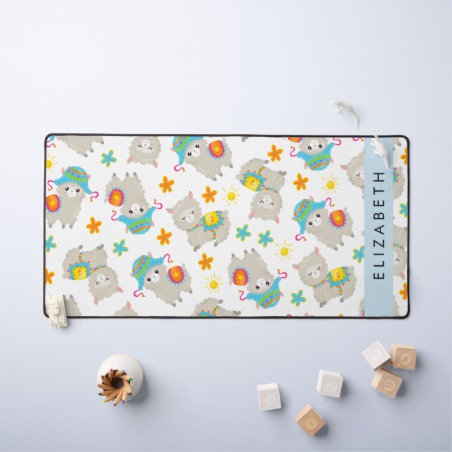 Pattern Of Llamas, Alpacas, Flowers, Your Name Desk Mat (Kids Table)