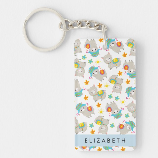 Pattern Of Llamas, Alpacas, Flowers, Your Name Key Ring (Front)