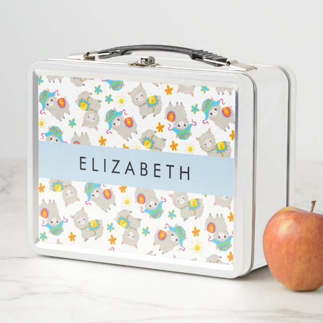 Pattern Of Llamas, Alpacas, Flowers, Your Name Metal Lunch Box (In Situ)