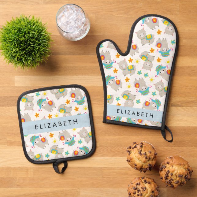 Pattern Of Llamas, Alpacas, Flowers, Your Name Oven Mitt & Pot Holder Set (Top Down)