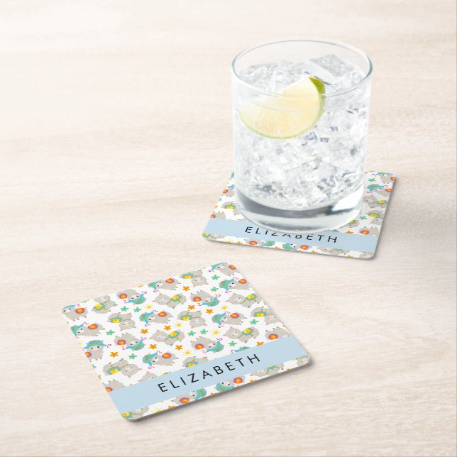 Pattern Of Llamas, Alpacas, Flowers, Your Name Square Paper Coaster (Insitu)