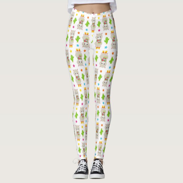 Pattern Of Llamas, Cute Llamas, Alpacas, Cactus Leggings (Front)