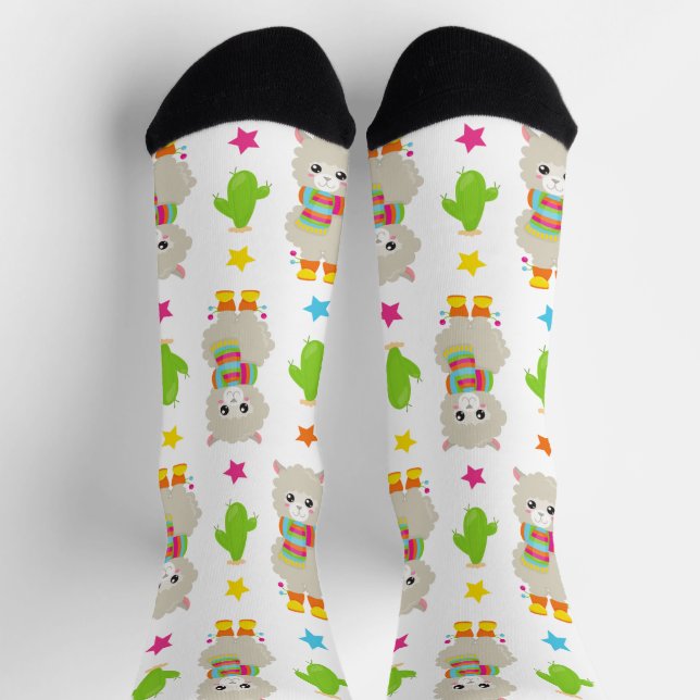Pattern Of Llamas, Cute Llamas, Alpacas, Cactus Socks (Top)
