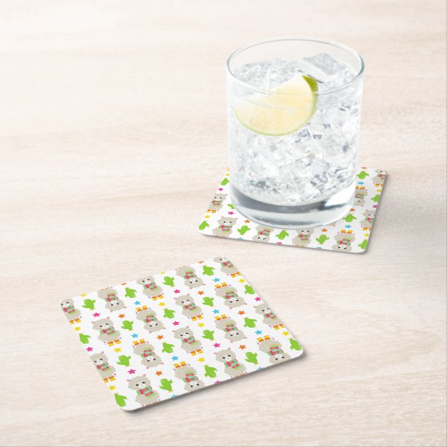 Pattern Of Llamas, Cute Llamas, Alpacas, Cactus Square Paper Coaster (Insitu)