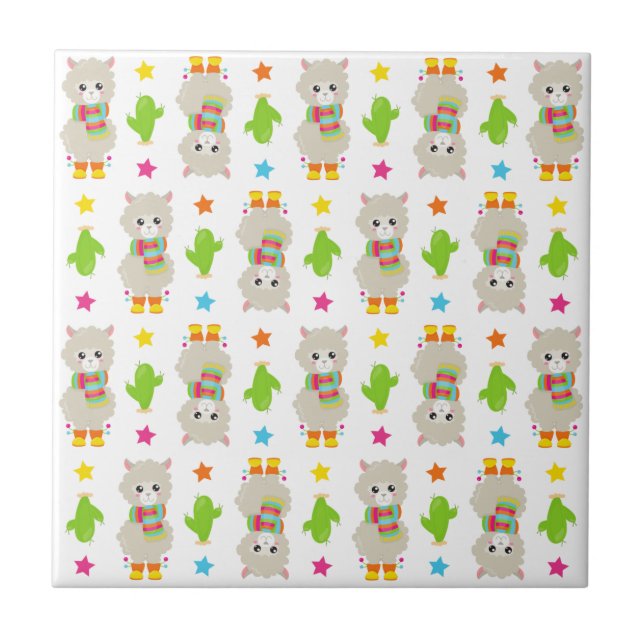 Pattern Of Llamas, Cute Llamas, Alpacas, Cactus Tile (Front)