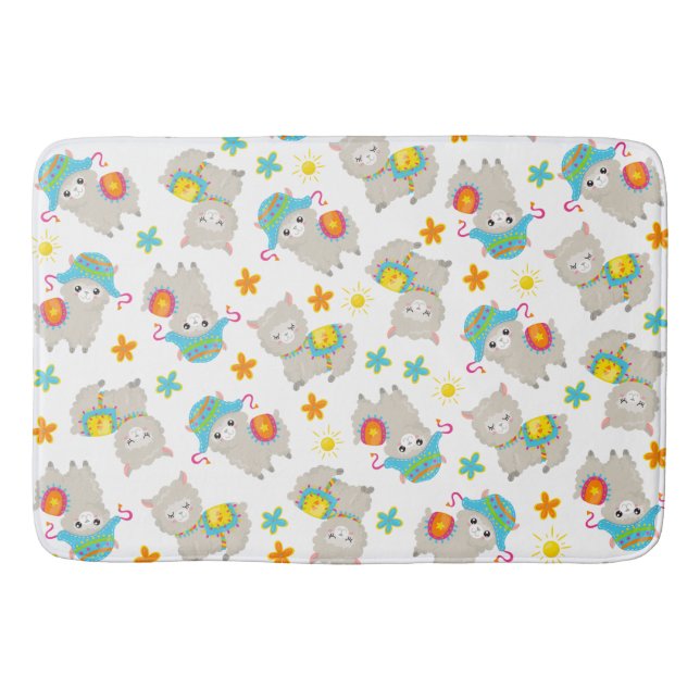 Pattern Of Llamas, Cute Llamas, Alpacas, Flowers Bath Mat (Front)