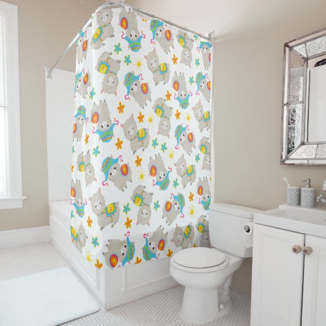 Pattern Of Llamas, Cute Llamas, Alpacas, Flowers Shower Curtain (In Situ)