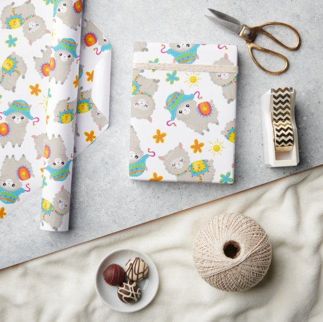 Pattern Of Llamas, Cute Llamas, Alpacas, Flowers Wrapping Paper (Crafts)