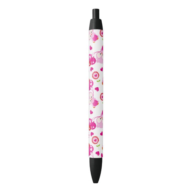 Pattern Of Owls, Cute Owls, Pink Owls, Hearts Black Ink Pen (Front Vertical)