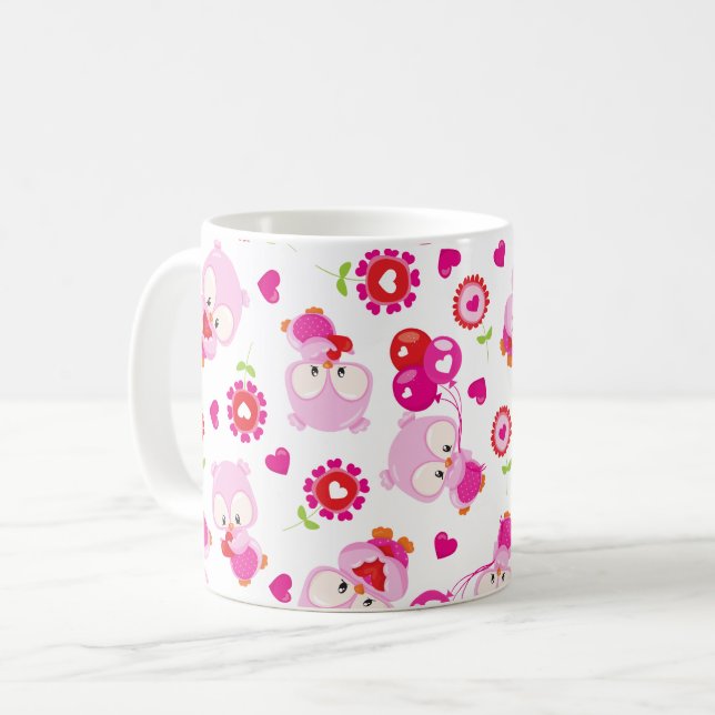 Pattern Of Owls, Cute Owls, Pink Owls, Hearts Coffee Mug (Front Left)
