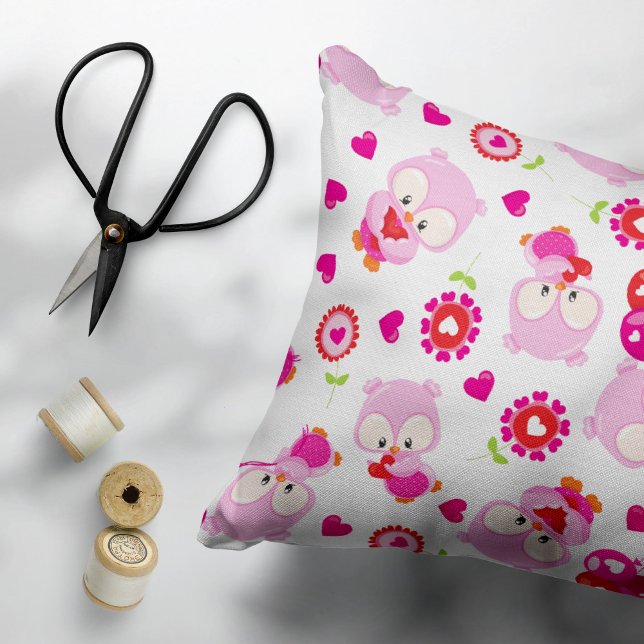 Pattern Of Owls, Cute Owls, Pink Owls, Hearts Decorative Cushion (Creator Uploaded)