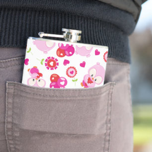 Pattern Of Owls, Cute Owls, Pink Owls, Hearts Hip Flask