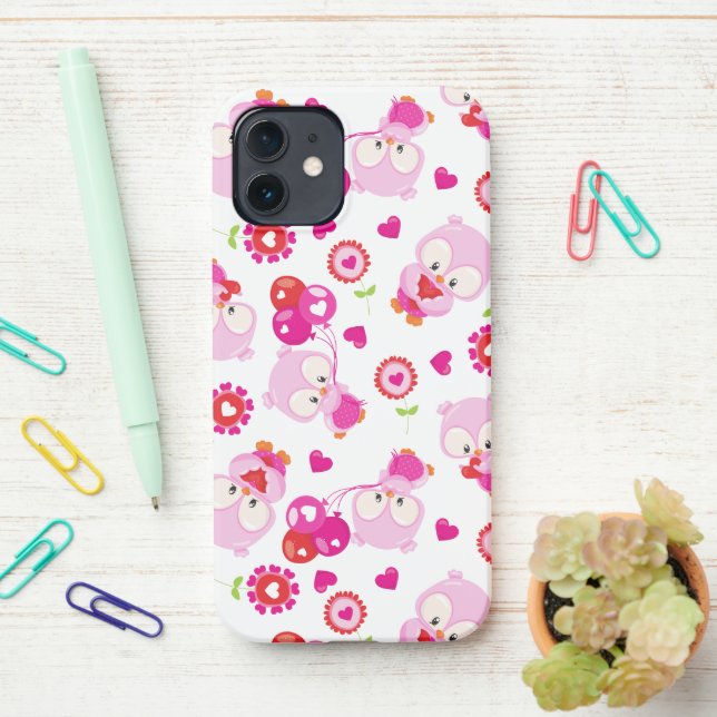 Pattern Of Owls, Cute Owls, Pink Owls, Hearts iPhone Case (On Desk)