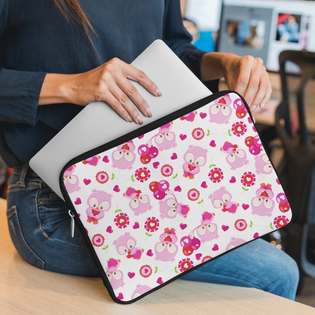 Pattern Of Owls, Cute Owls, Pink Owls, Hearts Laptop Sleeve (Creator Uploaded)