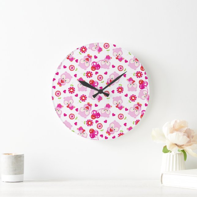 Pattern Of Owls, Cute Owls, Pink Owls, Hearts Large Clock (Home)