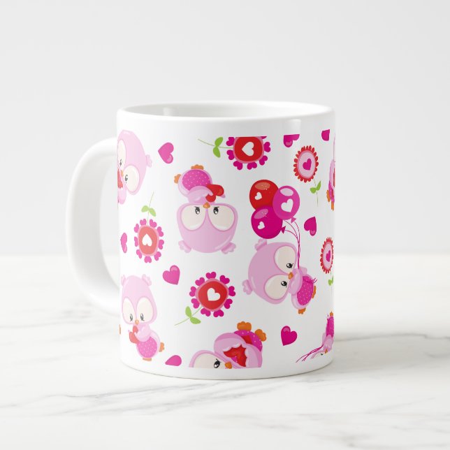 Pattern Of Owls, Cute Owls, Pink Owls, Hearts Large Coffee Mug (Front Left)