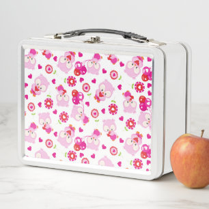 Pattern Of Owls, Cute Owls, Pink Owls, Hearts Metal Lunch Box
