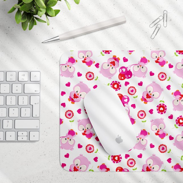 Pattern Of Owls, Cute Owls, Pink Owls, Hearts Mouse Pad (Creator Uploaded)