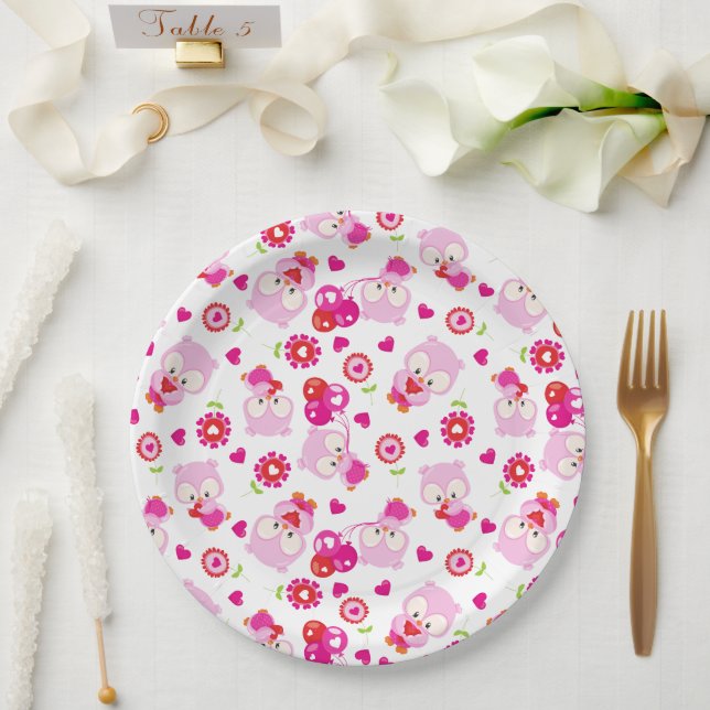 Pattern Of Owls, Cute Owls, Pink Owls, Hearts Paper Plate (Wedding)