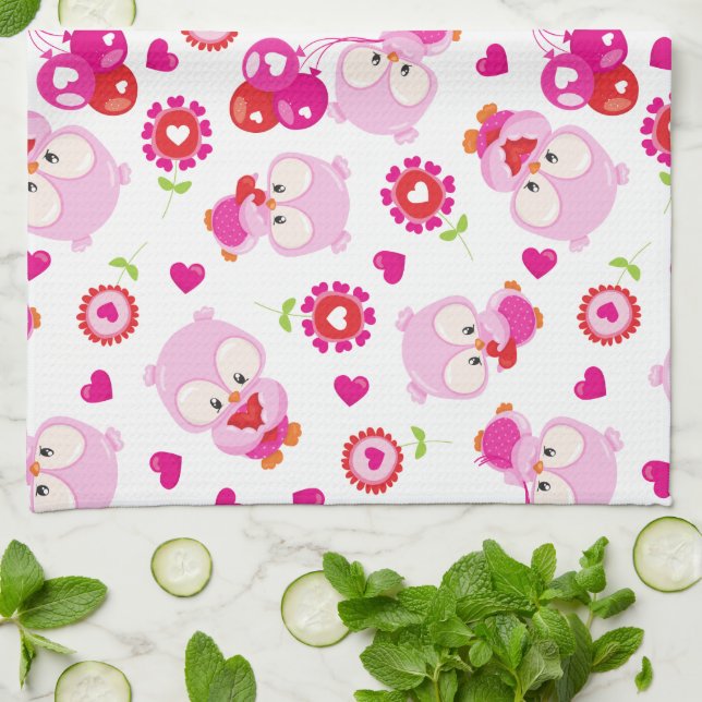 Pattern Of Owls, Cute Owls, Pink Owls, Hearts Tea Towel (Folded)