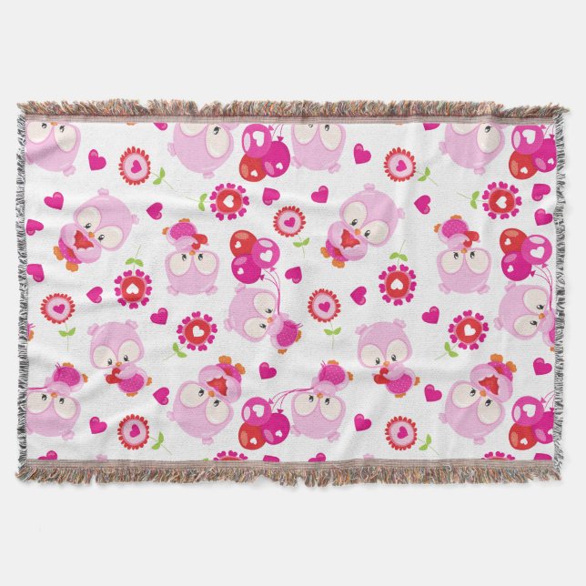 Pattern Of Owls, Cute Owls, Pink Owls, Hearts Throw Blanket (Front)