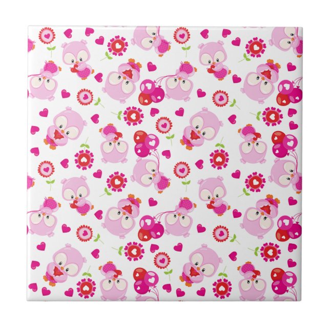 Pattern Of Owls, Cute Owls, Pink Owls, Hearts Tile (Front)