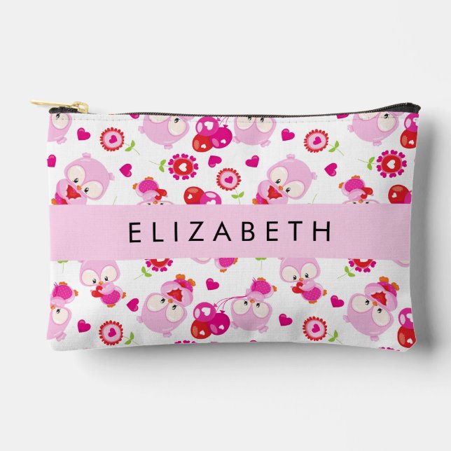 Pattern Of Owls, Cute Owls, Pink Owls, Your Name Accessory Pouch (Front)