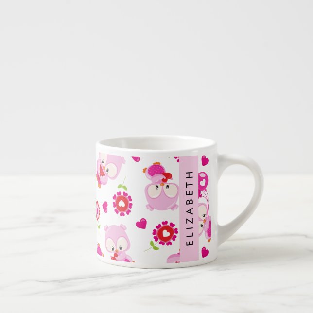 Pattern Of Owls, Cute Owls, Pink Owls, Your Name Espresso Cup (Right)