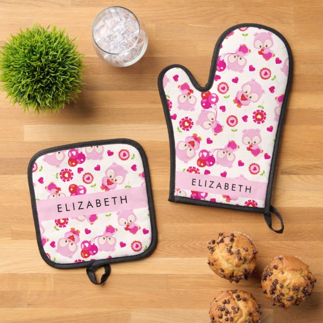 Pattern Of Owls, Cute Owls, Pink Owls, Your Name Oven Mitt & Pot Holder Set (Top Down)