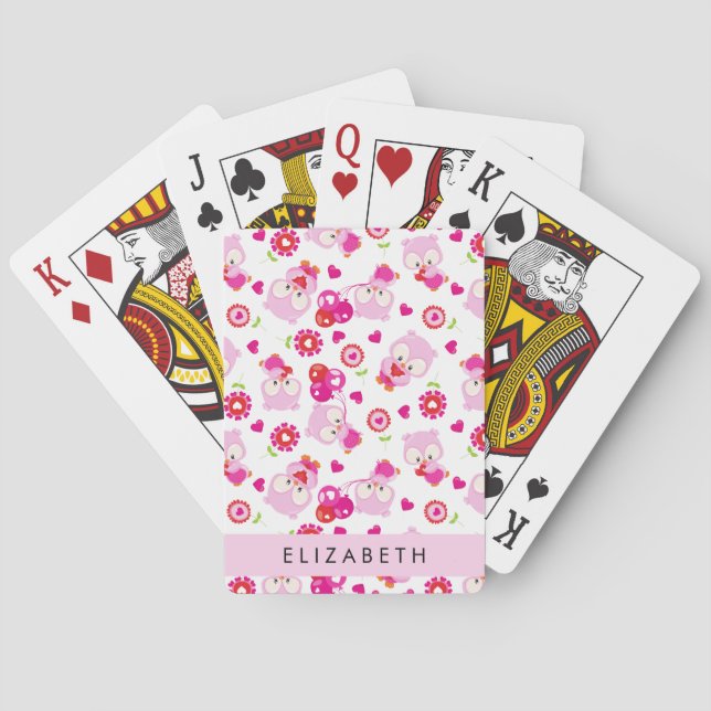Pattern Of Owls, Cute Owls, Pink Owls, Your Name Playing Cards (Back)
