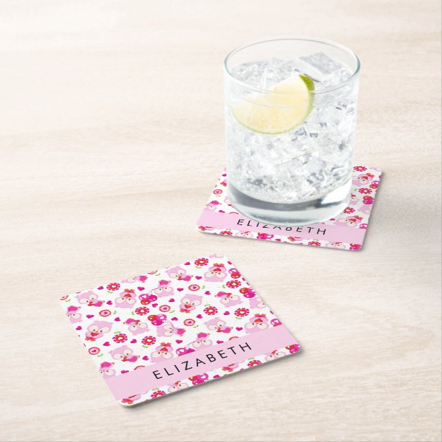 Pattern Of Owls, Cute Owls, Pink Owls, Your Name Square Paper Coaster (Insitu)